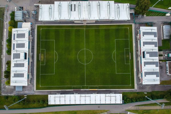 Aerial Image of Rheinpark Stadion, Litchenstein. Home of FC Vaduz. 