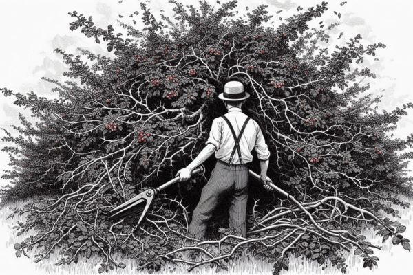 animated illustration of a overgrown hawthorn bushes. with a back of man holding garden sheers. 1900's england.