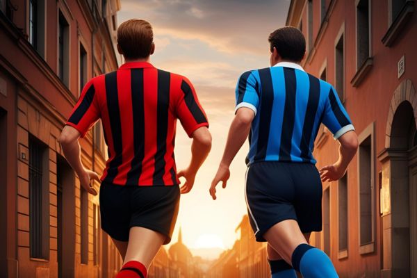 Animated-style vintage football scene showing two classic kits—one red and black striped, the other blue and black striped