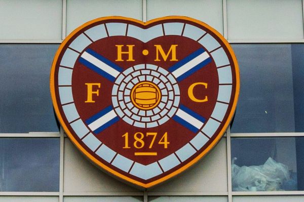 Image of Heart of Midlothian (Hearts) Football Club badge outside Tynecastle Stadium.