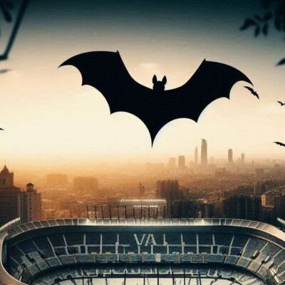 Silhouette of a bat with wings spread flying over a football stadium.