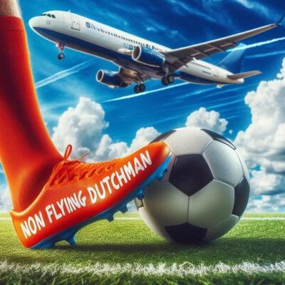 Illustration of an airplane taking off in the background with a football on the grass in the foreground, featuring a player's bright orange socked foot resting on it. The words "Non Flying Dutchman" are written on the side of the boot.