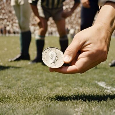 Image of coin being lifted of surface of football field.