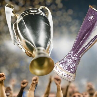 Image of European Cup and Europa Cup being thrown into the air.