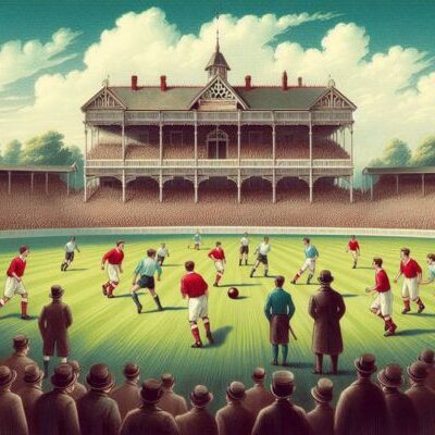 Illustration of The Oval cricket ground during the first FA Cup final in 1872, featuring players in vintage football kits, a football on the pitch, and a vibrant crowd of spectators with the iconic pavilion in the background.