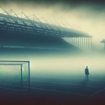 A lone goalkeeper standing in a fog-filled football stadium, with only faint outlines of the stands visible in the mist.