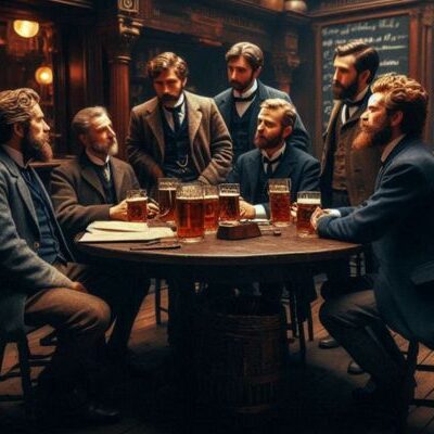 AI-generated image of a historical meeting at Freemasons Tavern in London, 1863, showing Victorian gentlemen discussing the rules of football.