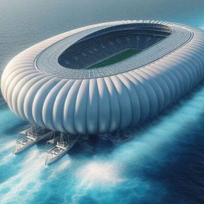 animated image illustrating the allianz arena stadium sailing on water.