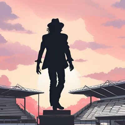 Silhouette of a famous pop star with a football stadium in the distance during dusk