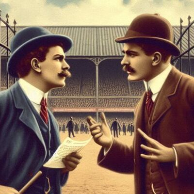 AI genrated Animated image of two men arguing over a rental contract outside stadium gates