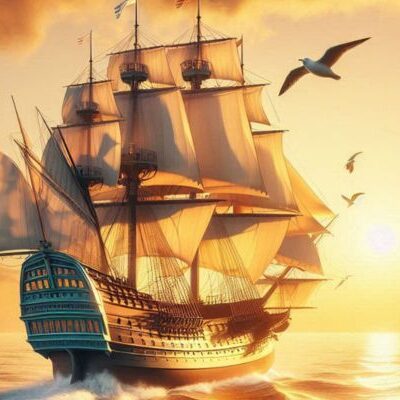 AI-generated image of the Mayflower sailing towards a vibrant sunset over the ocean.