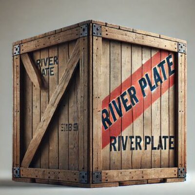 Vintage wooden shipping crate with 'River Plate' stamped on its side, featuring a diagonal red stripe.