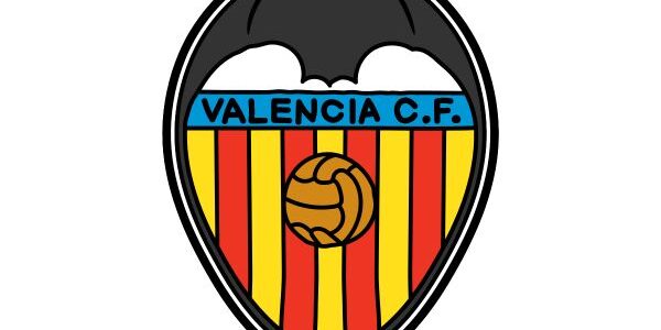 Animated Valencia CF badge featuring a bat atop a shield with red and yellow stripes and a football at the bottom.