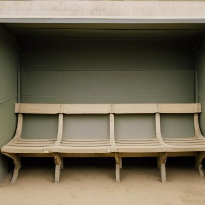 This AI-generated image features an old-style football dugout, reflecting the vintage design of early football sidelines. The dugout includes wooden benches and traditional elements, offering a glimpse into the historic style of football's sideline areas.