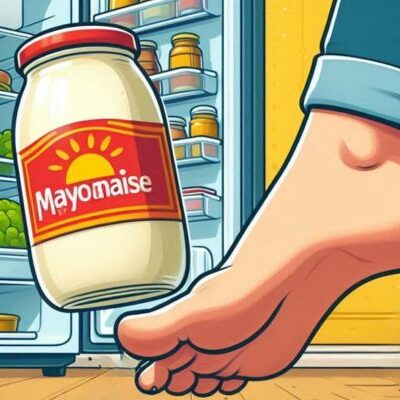 Animated image of a jar of mayonnaise falling onto a foot.