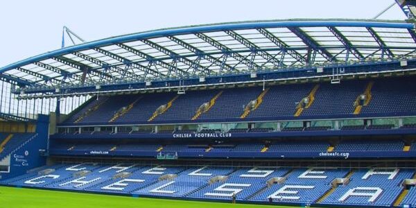 Empty interior of Stamford Bridge, home of Chelsea FC.